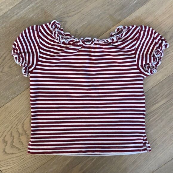 Olive Juice Red and White Striped Short Sleeved Ruffle Shirt, Girls S - Picture 1 of 3